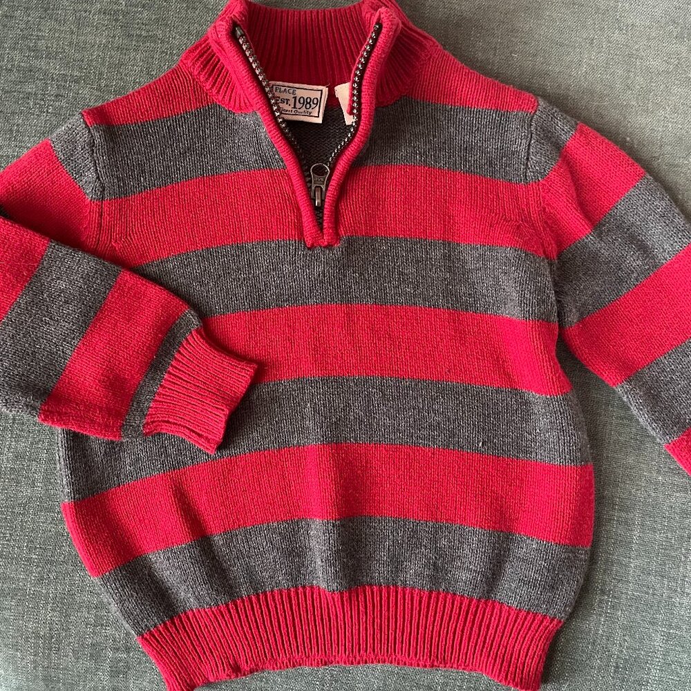 The Children's Place Quarter Zip Sweater 2T Red and Grey stripe, Toddler Boy